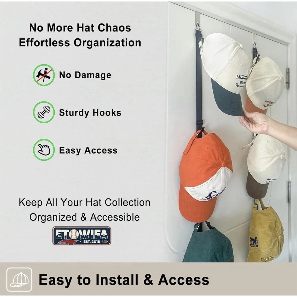 Baseball Cap Hat Rack Wall Door Hanger Holder Storage Organizer 16 Hooks